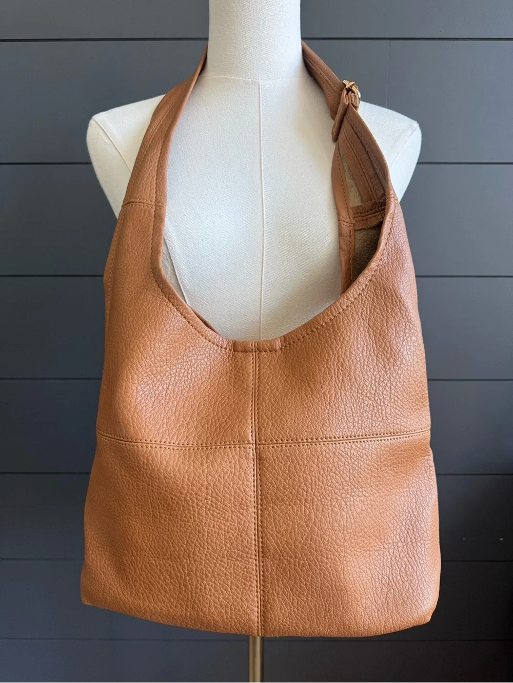 Pebbled Leather Hobo Cognac Shoulder Bag with Adjustable Strap Boho Minimalist
